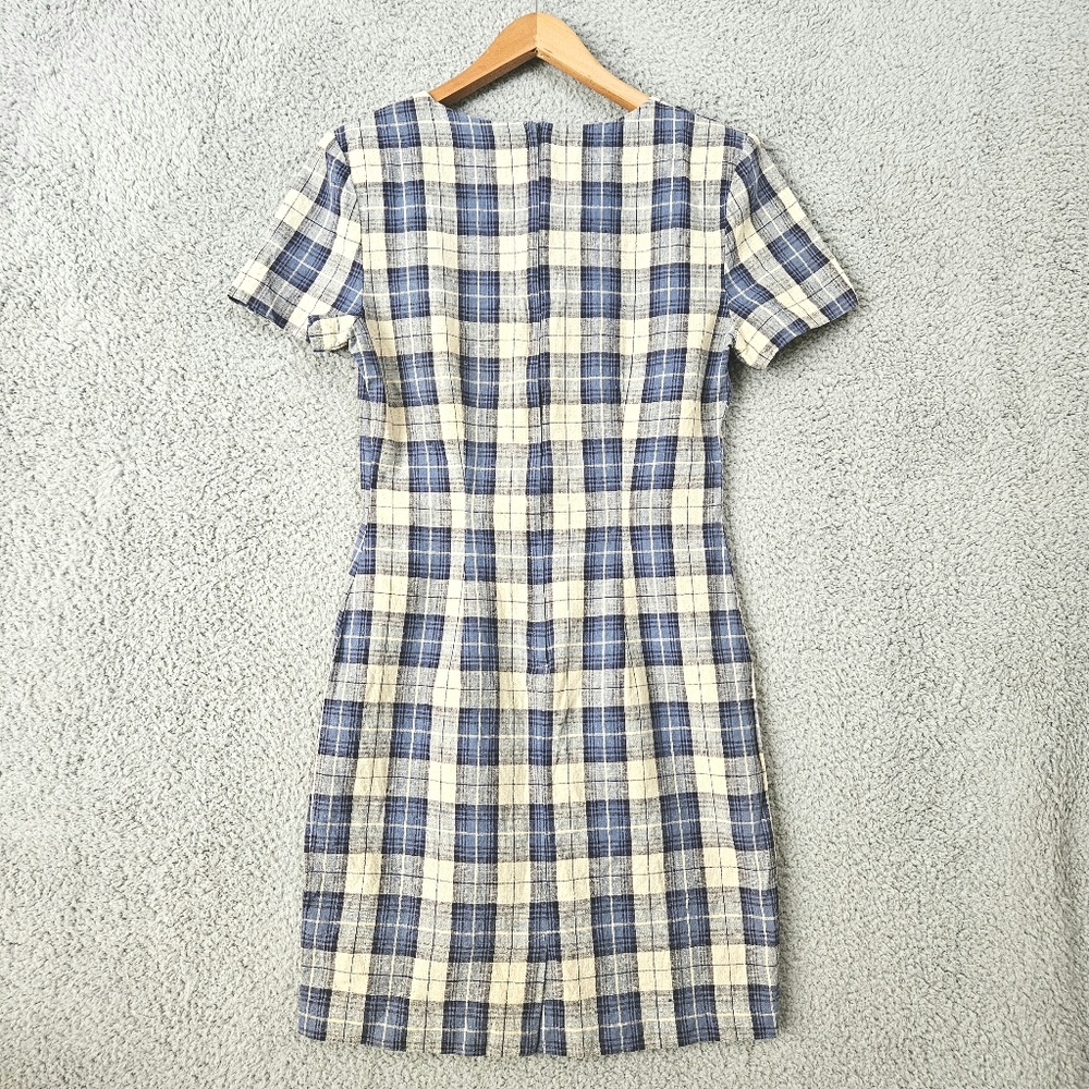 Vintage 90s My Michelle Blue Plaid Mini Dress 7/8 XS Short Sleeve Linen Grunge - Picture 2 of 14